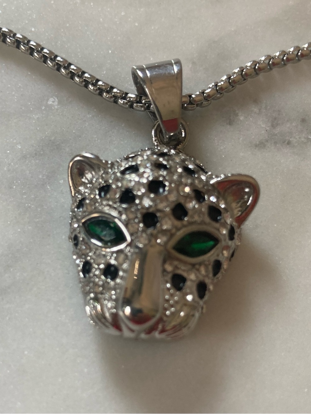 Silver Leopard Head Pendant Necklace with Green Eyes